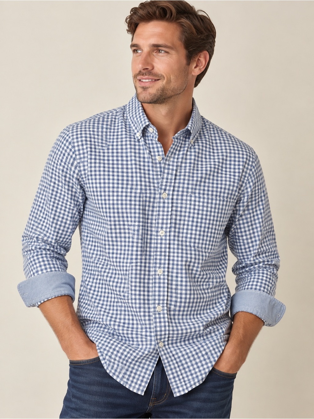 Johnston & Murphy Men’s Blue Gingham Button Down Shirt Cotton Blend L